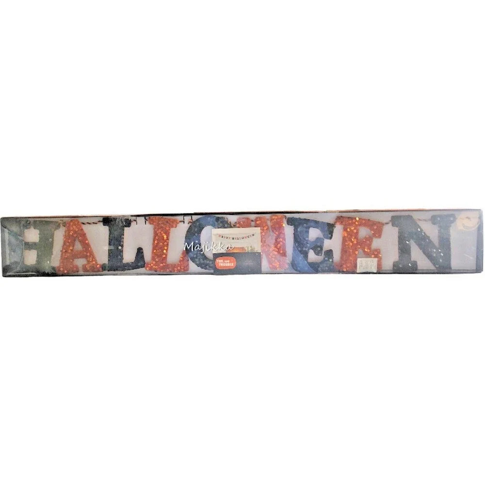 Toil & Trouble Halloween Banner 6' Long Garland Sequin Velvet Black Orange